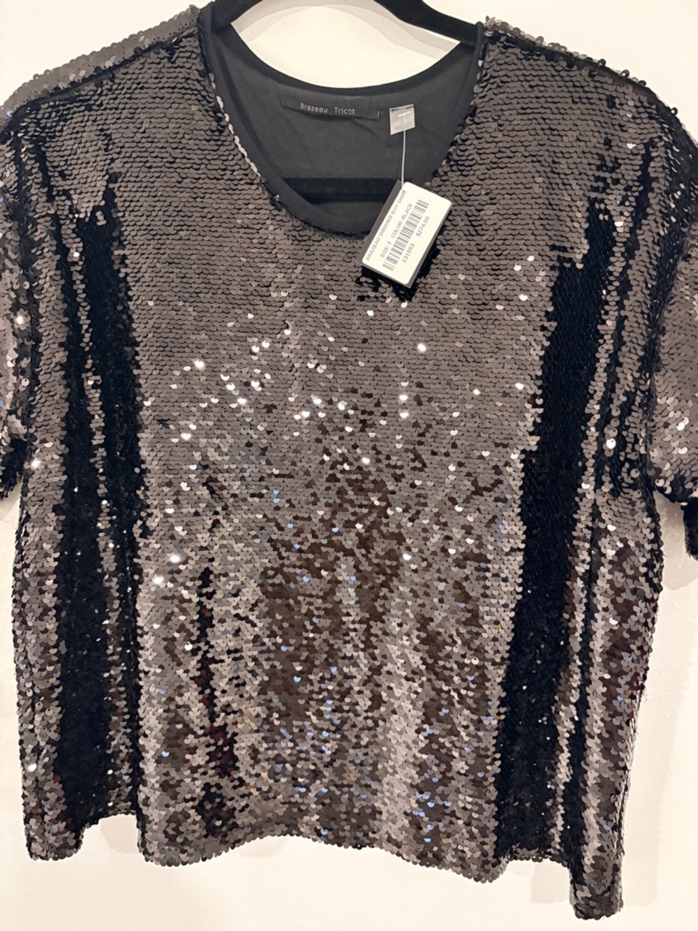 BRAZEAU TRICOT Malibu Black Sequin Short-Sleeve Top $274
